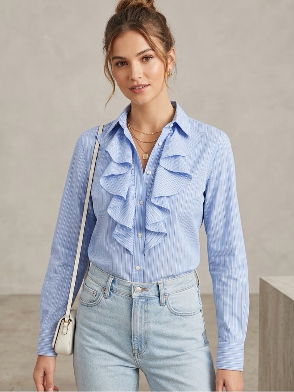 "Lauren Ralph Lauren Blue I& White Striped Blouse with Ruffles."